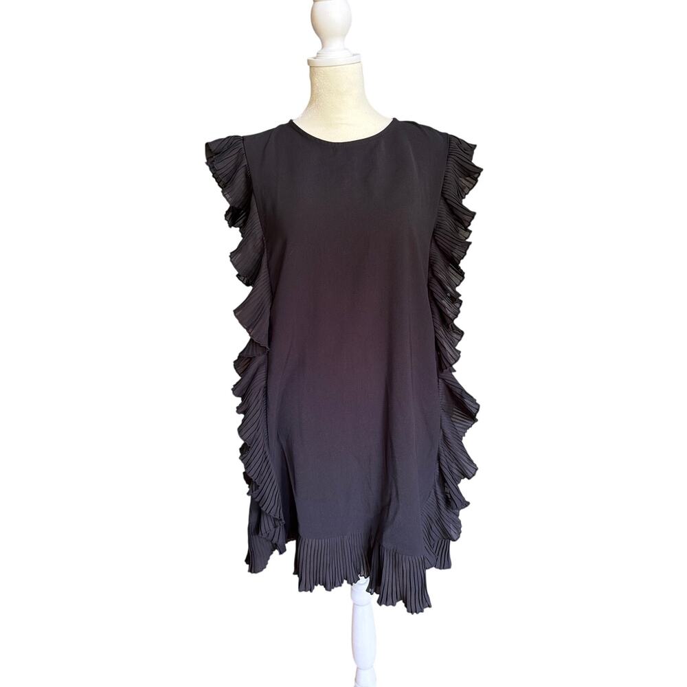 Women's Large TCEC Elegant Black Ruffle Trim Shift Sleeveless Mini Dress